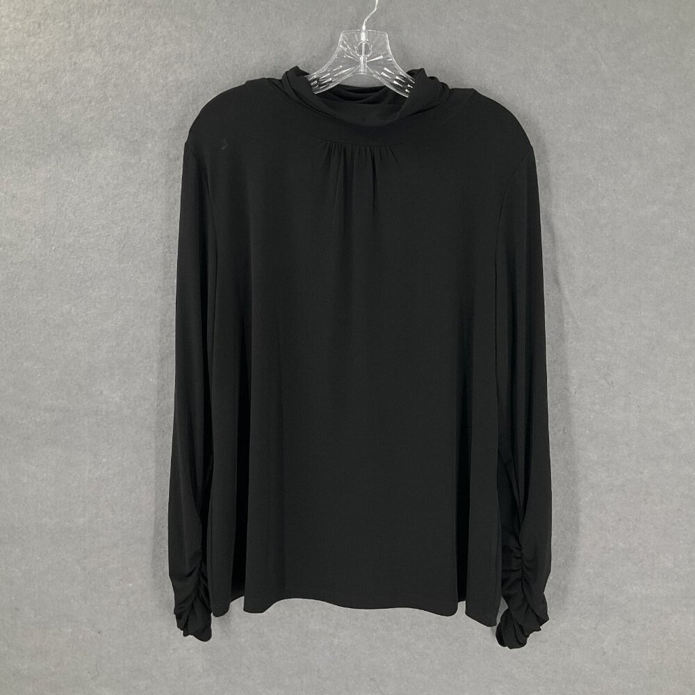 Susan Graver‎ Black Liquid Knit Ruched Details Turtleneck Blouse Shirt Sz Large